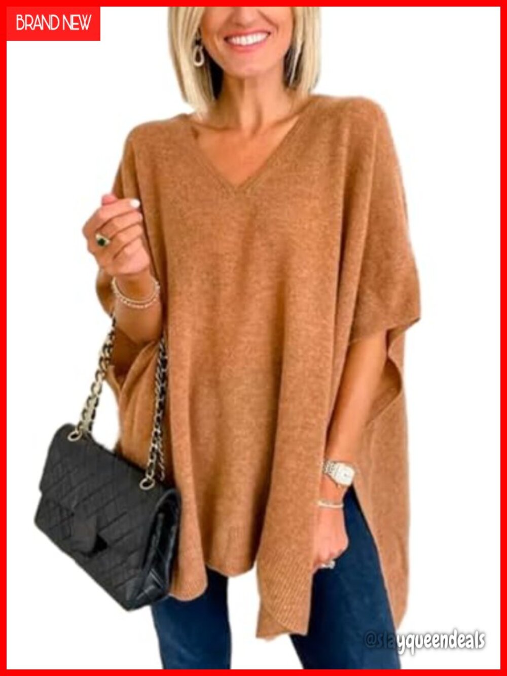 V Neck Poncho Sweater Batwing Sleeve Sleeveless Knit Pullover Womens